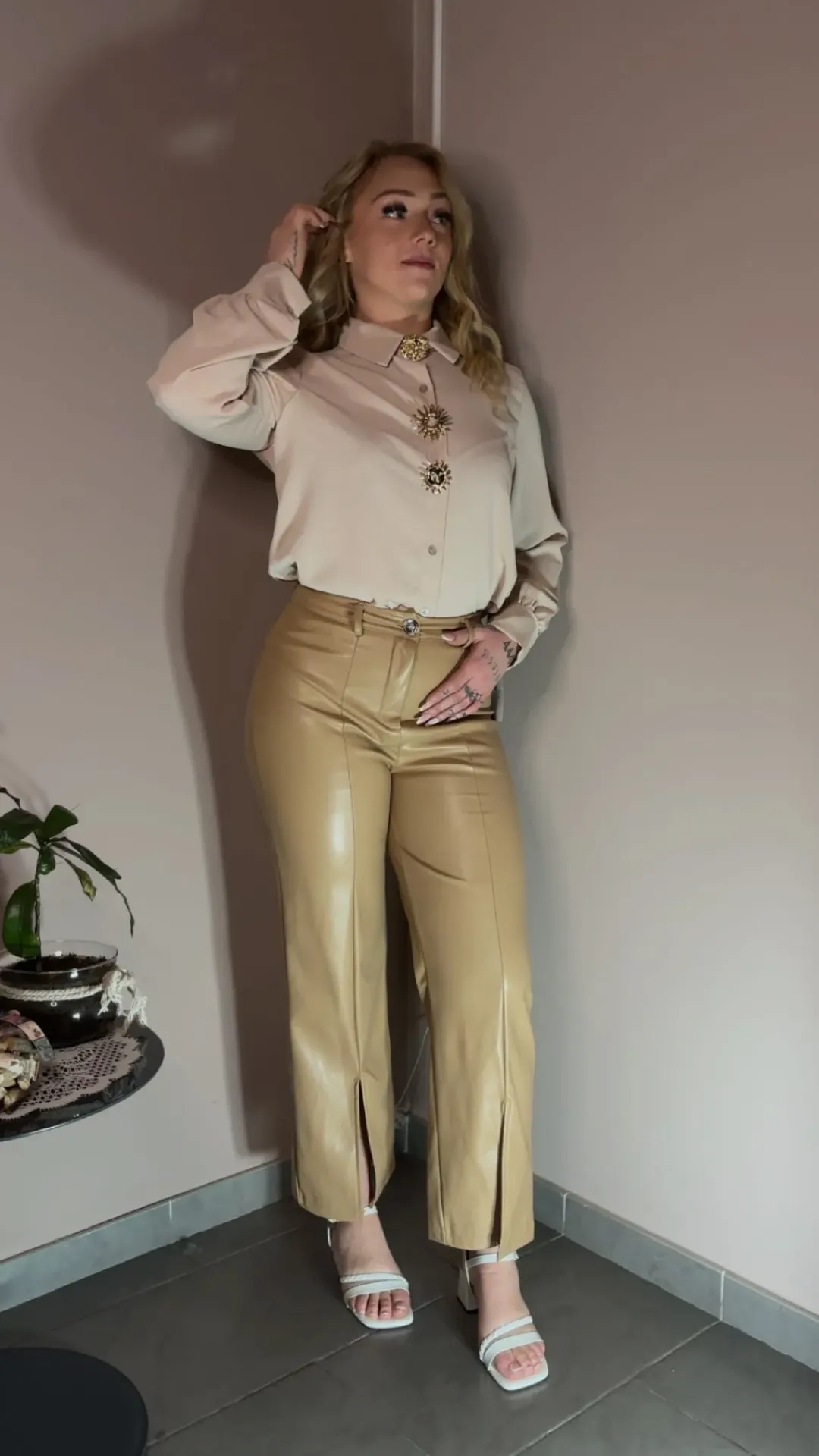 [P003-S] Pantalon camel simili cuir (S)